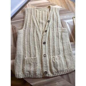 Vintage Cream HandKnit Open Wool SweaterVest Cardigan Cableknit Fisherman Chunky